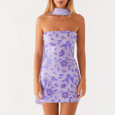 BXOXO Fashion Women Summer Sequin Mini Bandeau Dress Sleeveless Off Shoulder Flower Embroidery Tube Top Dress with Scarf